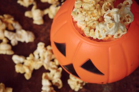 halloween popcorn with artificial spiderの写真素材