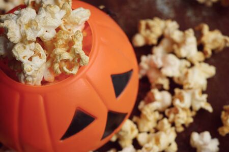 halloween popcorn with artificial spiderの写真素材