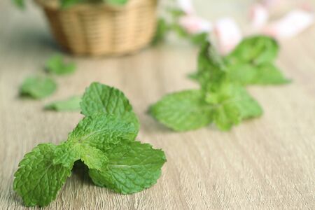 Mint leaves on wooden background