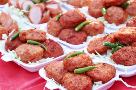 Fried sausage at street foodの写真素材