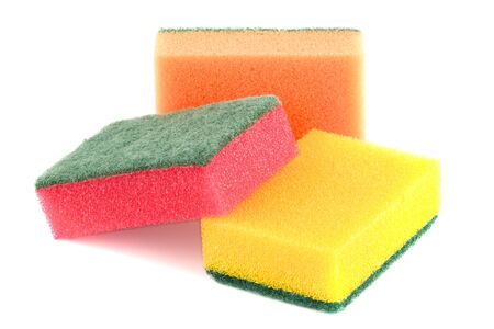 three kitchen sponges isolated on white backgroundの写真素材