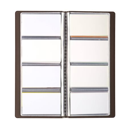 blank business cards in holder isolated on whiteの写真素材