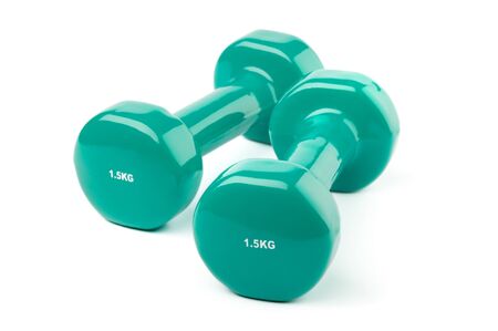 two turquoise dumbbells isolated on white backgroundの写真素材