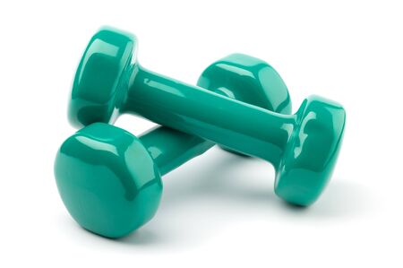 two turquoise dumbbells isolated on white backgroundの写真素材