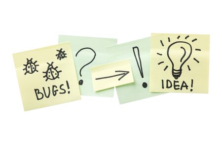 from bug to idea concept on sticky notesの写真素材