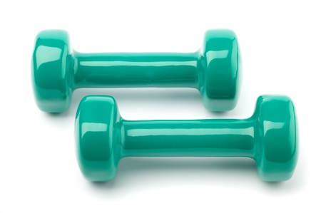 two turquoise dumbbells isolated on white backgroundの写真素材