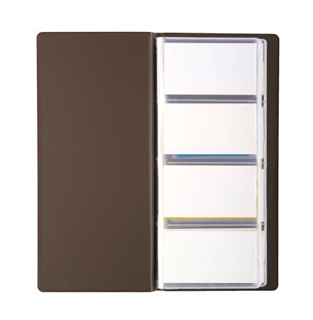 blank business cards in holder isolated on whiteの写真素材
