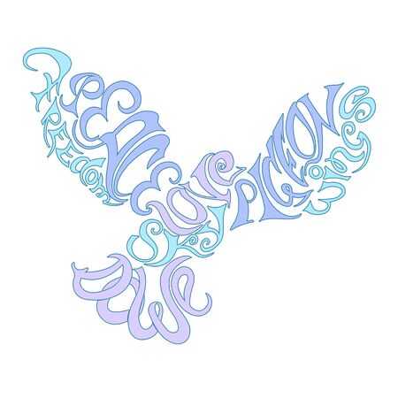 Vector illustration lettering element as Silhouette of flying bird dove pigeon with hand drawn Hand crafted composition inscription Peace, Freedom, Love, Dove, Sky, Pigeon, Wings. For printing, poster, t-shirt design.のイラスト素材