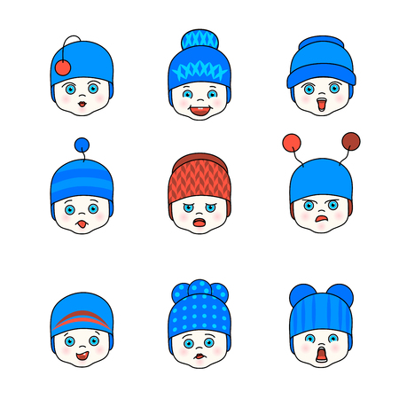 Vector illustration set baby kid  in the caps faces, expression of emotions and feelingsのイラスト素材