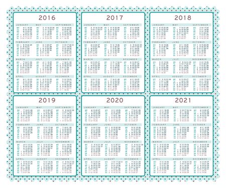 Calendar 2016 2017 2018 2019 2020 2021 years. Calendar Set in English. Week starts monday. Holidays are not marked. Calendars Cells three columns and four rows Ð¾n turquoise polka dots backgroundのイラスト素材