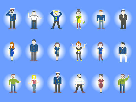 Set of characters pixel people. Different pixel characters, male and female, isolated on light background. Collection of abstract people iconsのイラスト素材