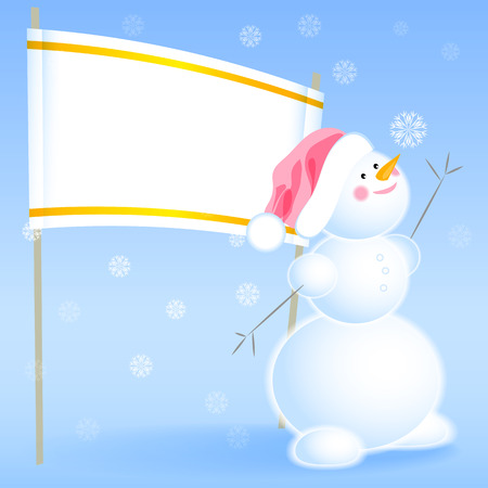 Snowman in Santa hat catches a snowflake, billboard with space for text on backgroundのイラスト素材