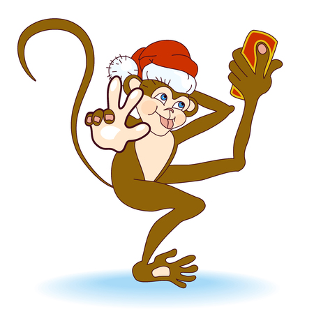 Dancing Monkey in Santa Hat taking selfie photo on smart phone and make a hand gesture Peace. Monkey taking self-portrait and play the ape, showing tongue at camera.のイラスト素材