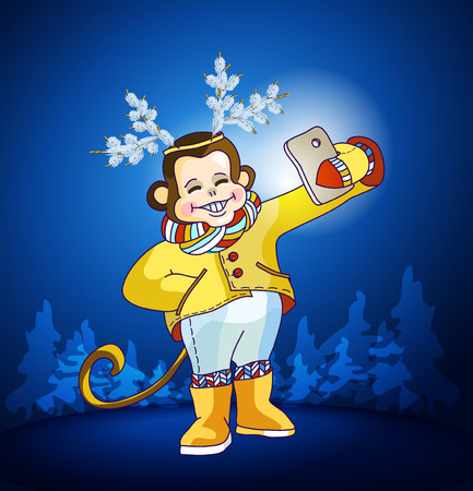 Monkey with deer antlers on his head taking selfie photo on smart phone. Carnival costume as deer antler made of fir branches.
Monkey with knitted scarf and leggings taking self-portrait and smilingのイラスト素材