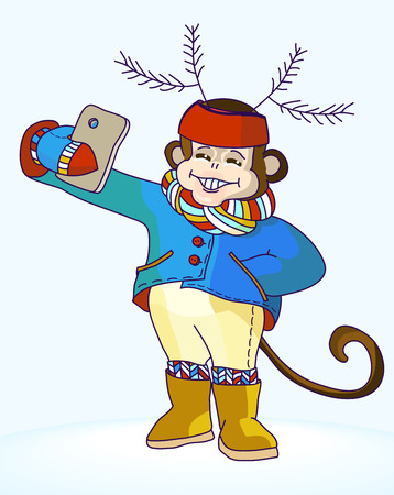 Monkey with deer antlers on his head taking selfie photo on smart phone. Carnival costume as deer antler made of fir branches.
Monkey with knitted scarf and leggings taking self-portrait and smilingのイラスト素材