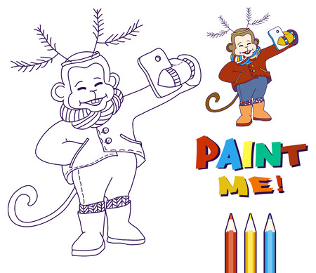 Monkey with deer antlers on his head taking selfie photo on smart phone. Carnival costume as deer antler made of fir branches. Monkey with knitted scarf and leggings taking self-portrait and smiling. Ðlack and white vector for coloringのイラスト素材
