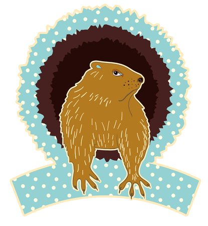 Sleepy Groundhog Marmot comes out of its hole. Vector illustration for Groundhog day 2 february. Vector sketch for greeting card of groundhog day.のイラスト素材