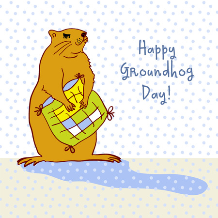 Sleepy Groundhog Marmot hugging a pillow. Vector illustration for Groundhog day 2 february. Vector sketch for greeting card of groundhog day.のイラスト素材