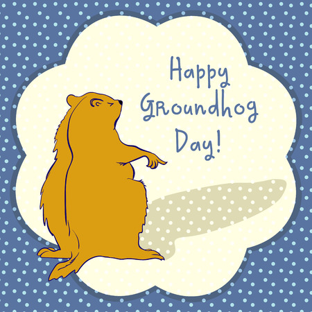 Sleepy Groundhog Marmot points to a shadow. Vector illustration for Groundhog day 2 february. Vector sketch for greeting card of groundhog day.のイラスト素材