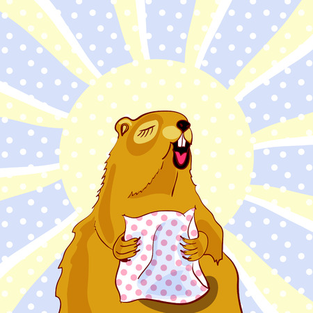 Sleepy Groundhog Marmot yawns and hugging a pillow. Vector illustration for Groundhog day 2 february. Sun and snowflakes on background. Vector for greeting card of groundhog day.のイラスト素材