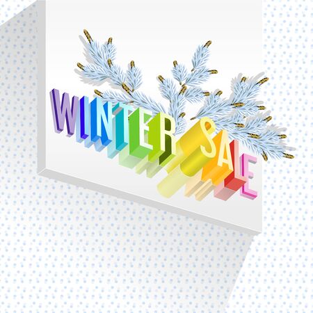 Winter sale vector 3d concept with fir branches. 3D winter SALE rainbow words background 3d. Stairs of lettersのイラスト素材