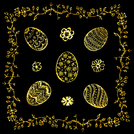 Five different Easter eggs with hand painted ornaments and The square frame with floral ornament blooming vines. Glitter Gold Easter greeting card with flowers and egg. Easter elements for your designのイラスト素材