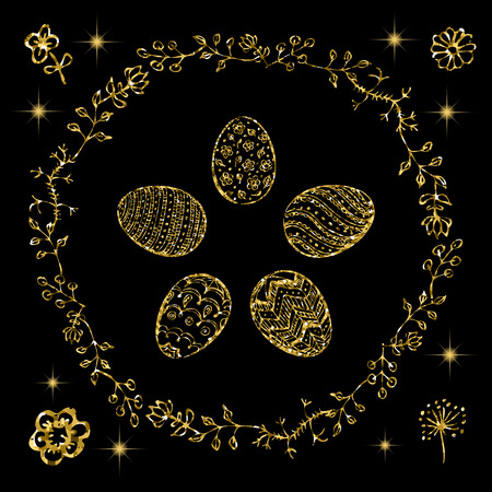 Five different Easter eggs with hand painted ornaments and round blooming vines. Glitter Gold Happy Easter greeting card with spring flowers and eggs. Easter hand drawn elements for your design.のイラスト素材