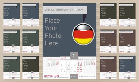 Wall Monthly Calendar for Year 2016 in German three month in one sheet. Different Color for Season. Holidays not marked. Vector Template Portrait Orientation with Space for Photo. CMYK color spaceのイラスト素材