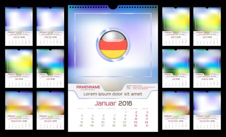 Wall Monthly Calendar for Year 2016. German language. Different Color for Season. Week starts Monday. Holidays are not marked. Vector Template with Space for Photo. Portrait Orientation. Set of 12 Monthsのイラスト素材