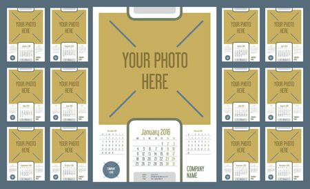 Wall Monthly Calendar for Year 2016. Week starts monday. Holidays are not marked. CMYK Color ready for Press. Vector Print Template with Space for Photo. Portrait Orientation. Set of 12 Monthsのイラスト素材