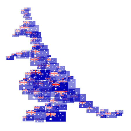 Silhouette of a kangaroo, created from mosaic of national flagsのイラスト素材