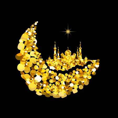 Glitter gold Silhouette of mosque with minarets on moon Crescent. Concept for Islamic Muslim holidays Mawlid birthday prophet Muhammad, holy month Ramadan Kareem, Eid Mubarak, Fatima bint Muhammadのイラスト素材