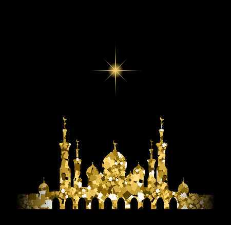 Glitter gold Silhouette of mosque with minarets and moon Crescent. Concept for Islamic Muslim holidays Mawlid birthday prophet Muhammad, holy month Ramadan Kareem, Eid Mubarak, Fatima bint Muhammadのイラスト素材