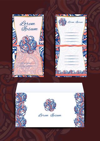 Envelope and Invitation for Corporate identity or wedding with hand drawn mandala pattern, floral or octopus ornament. Mockup Envelope business design Layout template. Front page and back page. Trendy Color Serenity and Rose Quartzのイラスト素材