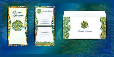 Vector template - Envelope and Invitation for Corporate identity or wedding with hand drawn mandala pattern, floral ornament. Mockup Envelope business design Layout template. Front page and back page. Aquamarine, Luxury Emerald Colorのイラスト素材