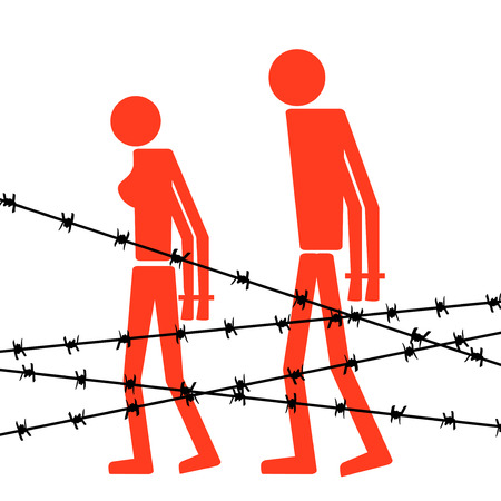Abstract silhouette icon of man and woman. Man and woman are handcuffed behind barbed wire. Symbol deportation, deprivation of freedom of movement, exile.のイラスト素材