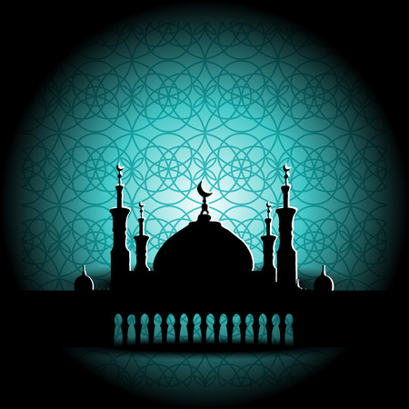 Silhouette of Mosque with Minarets and Arabic ornament. Concept for Islamic Muslim holiday for celebration holy month of Ramadan Kareem, Eid Mubarak, Mawlid birthday of prophet Muhammadのイラスト素材