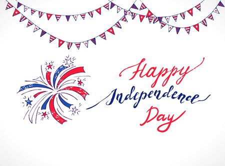 Fireworks in national flag colors for American Independence Day celebrations. Vector holiday firework for fourth of july.のイラスト素材