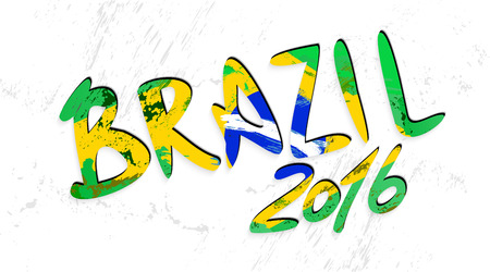 Brazil 2016 lettering with brazilian flag. Hand drawn letters with grunge texture. Vector Shabby background in the colors of the Brazilian flagのイラスト素材