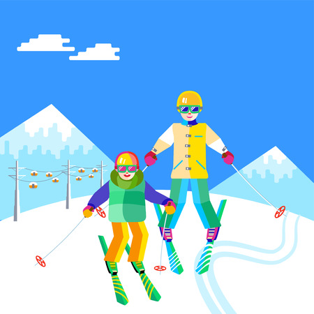 Portrait of a mother and child having fun in the snow at the ski resort. Flat funny people are resting on top of the mountain. Skiers family - mother and daughter or son skiing.のイラスト素材