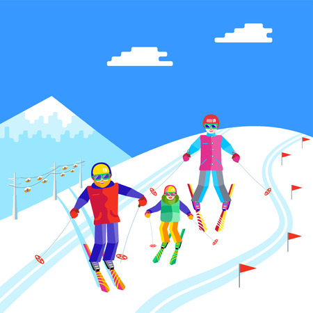 Portrait of a family having fun in the snow at the ski resort. Flat vector Funny people are resting on top of the mountain. Skiers family - mother, father, daughter or son skiing.のイラスト素材