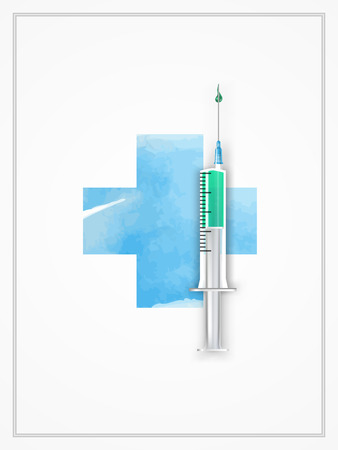 Translucent syringe isolated with needle and liquid. Turquoise serum vaccine in disposable syringe. Realistic vector syringes with colored drug. Concept medicine, injections, vaccinationのイラスト素材