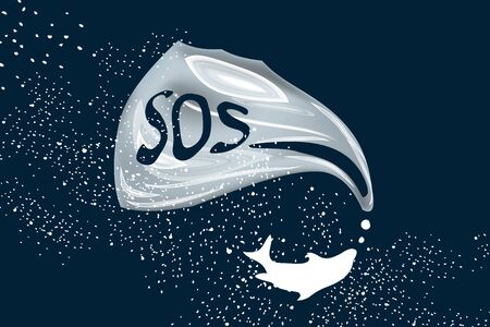 Rubbish Trash bag as speech bubble balloon. Dolphins ask to save ocean from plastic pollution. Request for help from the underwater world - Environment protection concept. Marine life give SOS signalのイラスト素材