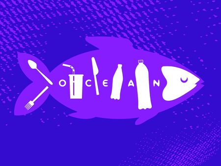 Fish skeleton as plastic trash. Ribs like a bottles, disposable glass, drinking straw, plastic spoon, fork, knife. The problem of microplastics in marine life. Keep the sea concept. Ocean pollutionのイラスト素材