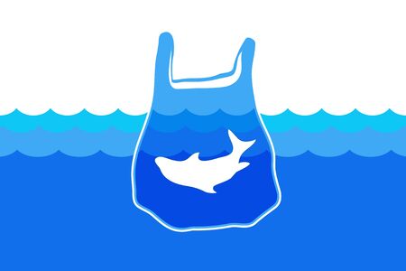 Rubbish Trash bag floating in the world ocean. Dolphin dead in plastic underwater. Discarded plastic carrier bag drifting in blue sea water. Disposable packaging waste poisons fish and seafoodのイラスト素材