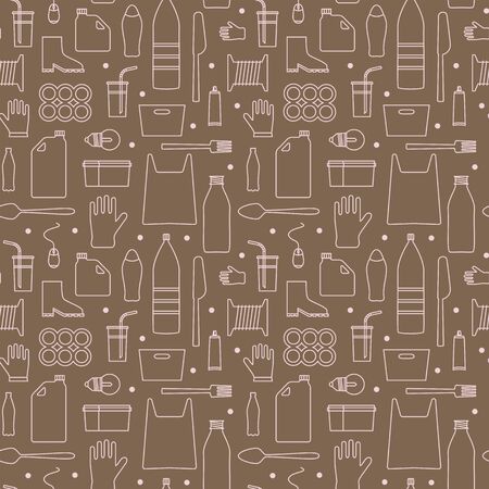 Stop using plastic seamless pattern with flat line icons. Polyethylene pollution awareness endless vector. Thin signs of plastics waste, bag, package, canister, bottle, disposable tableware, cosmeticのイラスト素材