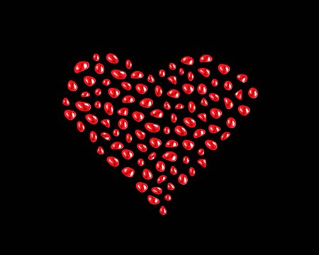 Pomegranate seeds in the shape of a heart. Rosh Hashanah. Realistic sweet red fruit grains. Love Healthy eating, vitamin diet. Shana Tova - Jewish New Year. Jucie tropical Vector illustrationのイラスト素材