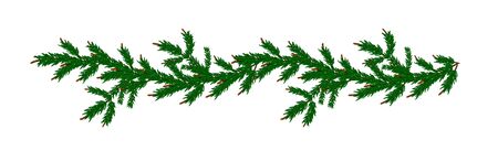 Detailed wide Coniferous christmas garland. Xmas border with fir branches without decorations. Realistic wreath tree for New Year design. Vector Pine needles to create your holiday bouquet のイラスト素材