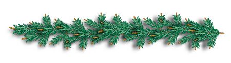 Detailed wide Coniferous christmas garland. Xmas border with fir branches without decorations. Realistic wreath tree for New Year design. Vector Pine needles to create your holiday bouquetのイラスト素材