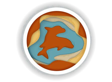 Two Jumping dolphins in papercut style. Paper sea waves and couple of whales. Paper cut illusion of depth 3d vector. Marine wildlife. Origami style with wavy linesのイラスト素材